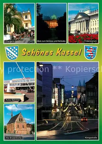 AK / Ansichtskarte Kassel Orangerie Schloss mit Herkules Fridericianum Koenigsstrasse Bahnhof Bruederkirche Kassel