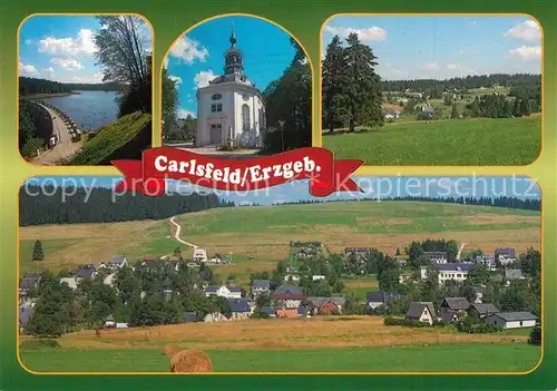 AK / Ansichtskarte Carlsfeld_Erzgebirge Talsperre Weiterswiese Dreifaltigkeitskirche Teilansichten Carlsfeld Erzgebirge