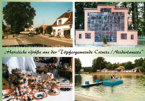 AK / Ansichtskarte Crinitz Hauptstr Toepferdenkmal Toepfermarkt Waldschwimmbad Crinitz