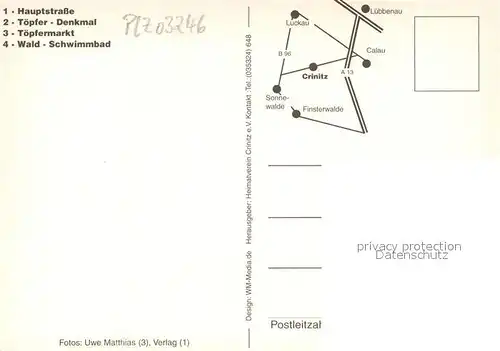 AK / Ansichtskarte Crinitz Hauptstr Toepferdenkmal Toepfermarkt Waldschwimmbad Crinitz