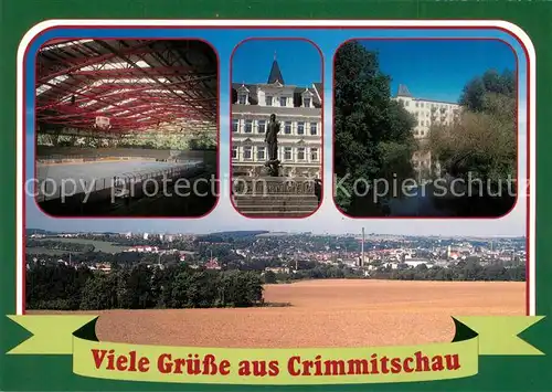 AK / Ansichtskarte Crimmitschau Kunsteisbahn Marktbrunnen Spinnerein Neumarkt Panorama Crimmitschau