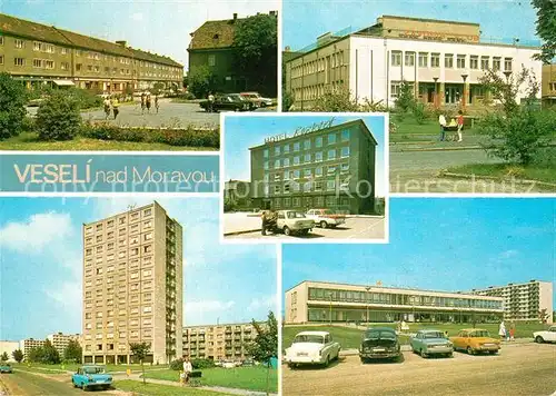 AK / Ansichtskarte Veseli_nad_Moravou Mesto v Dolnomoravskem Kulturnim domem Hotele Rozkvet nakupnim strediskem Hutnik Rozsah lou bytovou vystavbou meni svou podabu 