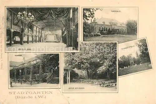 AK / Ansichtskarte Buende_Westfalen Stadtgarten Grosser Saal Veranda Unter den Eichen Feuerwehrturm Buende_Westfalen