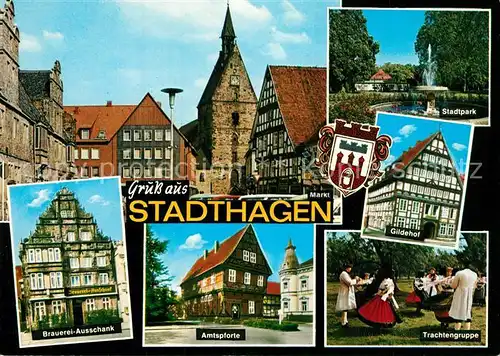 AK / Ansichtskarte Stadthagen Fachwerk Amtspforte Trachtengruppe Gildenhof Brauerei Ausschank Stadthagen