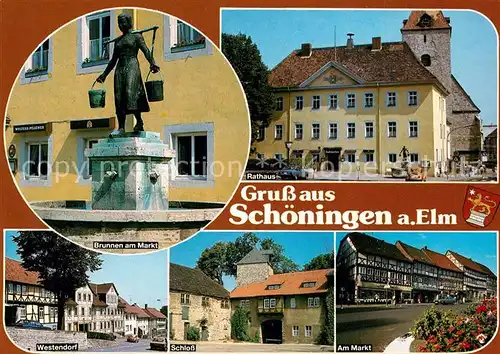 AK / Ansichtskarte Schoeningen Brunnen am Marktplatz Rathaus Westendorf Schloss  Schoeningen