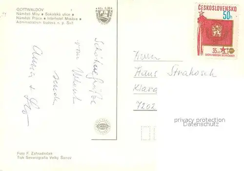 AK / Ansichtskarte Gottwaldov_Tschechien Interhotel Moskva Rathaus Denkmal Gottwaldov Tschechien