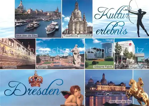 AK / Ansichtskarte Dresden Elbe Dampfer Frauenkirche Bogenschuetze Fuerstenzug Zwinger Glaeserne Fabrik Prager Strasse Denkmal Goldene Reiter Krone Dresden