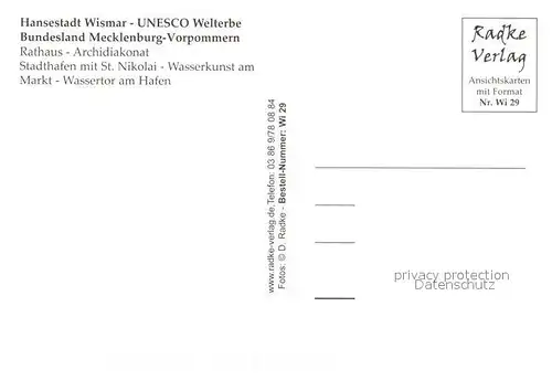 AK / Ansichtskarte Wismar_Mecklenburg Rathaus Archidiakonat Stadthafen St Nikolai Kirche Wasserkunst Markt Wassertor Moewe Wismar_Mecklenburg