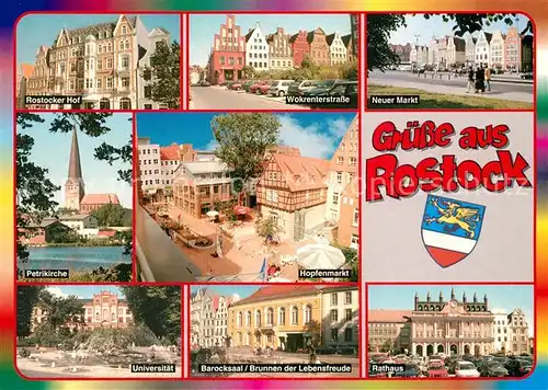 AK / Ansichtskarte Rostock_Mecklenburg Vorpommern Hotel Restaurant Rostocker Hof Wokrenterstrasse Neuer Markt Giebelhaeuser Kirche Hopfenmarkt Universitaet Barocksaal Brunnen Rathaus Wappen Rostock