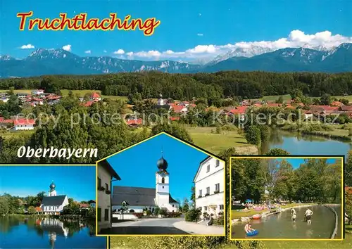 AK / Ansichtskarte Truchtlaching Gesamtansicht mit Alpenpanorama Freibad Ortsmotiv mit Kirche See Truchtlaching