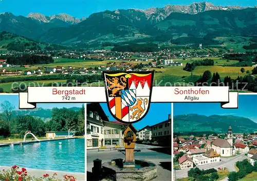 AK / Ansichtskarte Sonthofen_Oberallgaeu Panorama Bergstadt Alpen Freibad Brunnen Wappen Sonthofen Oberallgaeu