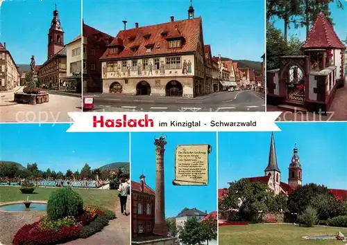 AK / Ansichtskarte Haslach_Kinzigtal Innenstadt Brunnen Kirche Fassadenmalerei Kapelle Freibad Storchennest Kirche Park Haslach_Kinzigtal