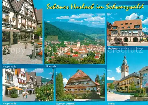 AK / Ansichtskarte Haslach_Kinzigtal Skulpturen Haupstrasse Museum Freihof Marktplatz Brunnen Kirche Rathaus Stadtpanorama Schwarzwald Haslach_Kinzigtal