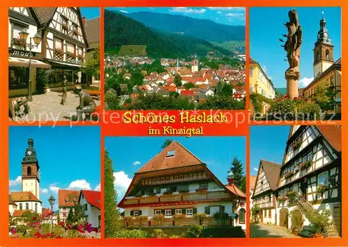 AK / Ansichtskarte Haslach_Kinzigtal Hauptstrasse Skulpturen Brunnen Kirche Fachwerkhaus Schwarzwaldhaus Stadtpanorama Haslach_Kinzigtal