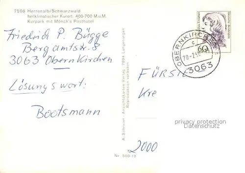 AK / Ansichtskarte Bad_Herrenalb Kurpark mit Moenchs Posthotel Partie an der Alb Bad_Herrenalb