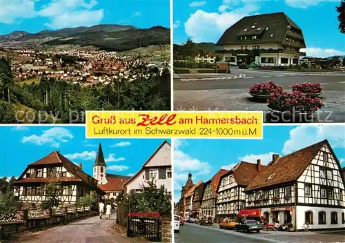 AK / Ansichtskarte Zell_Harmersbach Panorama Schwarzwald Gasthaus Sonne Pfarrhofgraben Kirche Hauptstrasse Fachwerkhaeuser Zell Harmersbach