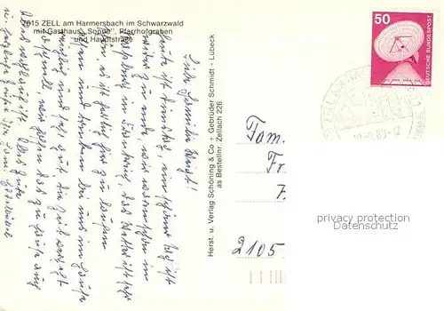 AK / Ansichtskarte Zell_Harmersbach Panorama Schwarzwald Gasthaus Sonne Pfarrhofgraben Kirche Hauptstrasse Fachwerkhaeuser Zell Harmersbach