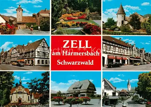 AK / Ansichtskarte Zell_Harmersbach Teilansichten Turm Park Fachwerkhaeuser Kirche Zell Harmersbach