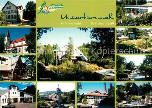 AK / Ansichtskarte Unterkirnach Buergerhaus Kirche Glockenspiel Turm Kirnachmuehle Spielscheune Wassertreten Heilkraeutergarten Hallenbad Unterkirnach