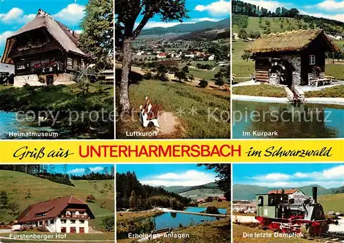 AK / Ansichtskarte Unterharmersbach Heimatmuseum Kurpark Fuerstenberger Hof Erholungsanlagen Dampflokomotive Panorama Luftkurort Schwarzwald Unterharmersbach