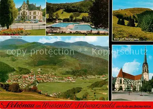 AK / Ansichtskarte Schoenau_Schwarzwald Landschaftspanorama Wiesental Belchen Berghaus Freibad Kirche Schoenau Schwarzwald