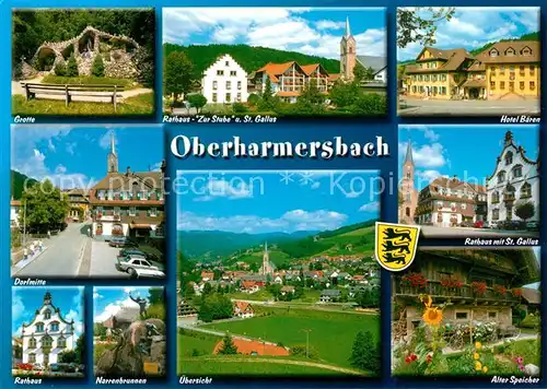 AK / Ansichtskarte Oberharmersbach Grotte Dorfmitte Rathaus Narrenbrunnen Hotel Alter Speicher Luftkurort im Schwarzwald Oberharmersbach