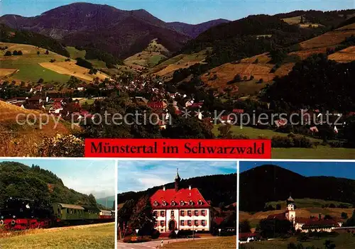 AK / Ansichtskarte Muenstertal_Schwarzwald Landschaftspanorama Museumseisenbahn Rathaus St Trudpert Kirche Muenstertal_Schwarzwald