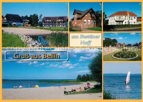 AK / Ansichtskarte Bellin_Ueckermuende Haffhus Alte Schule Ferienwohnungen Jugendherberge Dorfanger Surfer Strand Bellin Ueckermuende