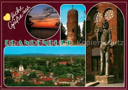 AK / Ansichtskarte Brandenburg_Havel Sonnenuntergang am Breitlingsee Plauer Torturm Rolandstatue Stadtpanorama Gotthardkirche Dom Brandenburg Havel