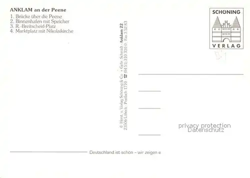 AK / Ansichtskarte Anklam Bruecke ueber die Peene Binnenhafen Speicher Breitscheidplatz Marktplatz Nikolaikirche Anklam
