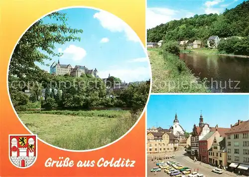 AK / Ansichtskarte Colditz Schloss Partie an der Mulde Markt Altstadt Kirche Colditz