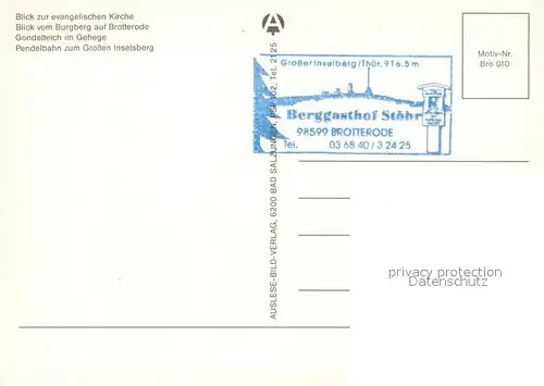 AK / Ansichtskarte Brotterode Ortsmotiv mit Kirche Burgberg Gondelteich Gehege Pendelbahn Grosser Inselsberg Brotterode
