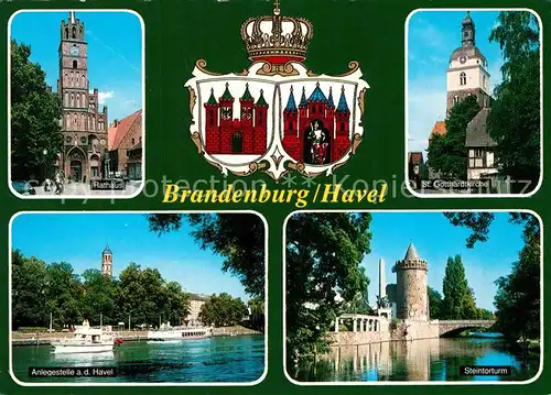 AK / Ansichtskarte Brandenburg_Havel Rathaus Havel Anlegestelle Dampfer Steintorturm Kirche Wappen Krone Brandenburg Havel