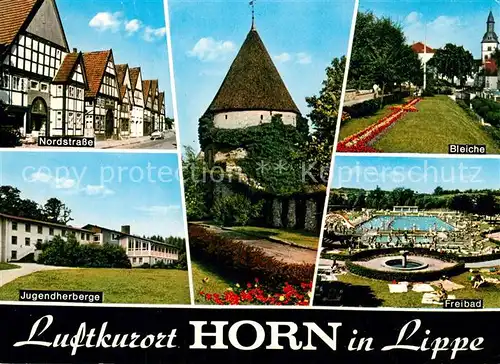 AK / Ansichtskarte Horn_Lippe Nordstrasse Fachwerkhaeuser Jugendherberge Turm Bleiche Freibad Horn_Lippe