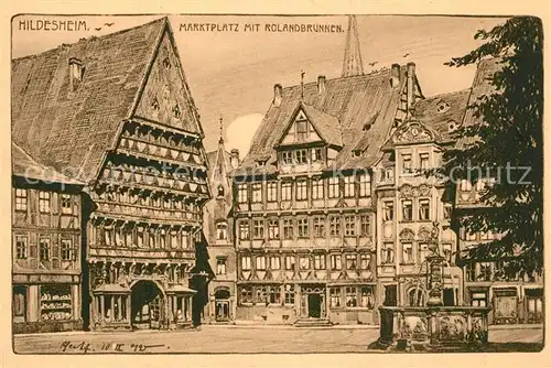 AK / Ansichtskarte Hildesheim Marktplatz Rolandbrunnen Knochenhaueramtshaus 16. Jhdt. Fachwerkhaus Historisches Gebaeude Altstadt Kuenstlerkarte Hildesheim