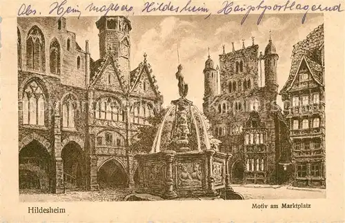 AK / Ansichtskarte Hildesheim Motiv am Marktplatz Brunnen Fachwerkhaeuser Historische Gebaeude Altstadt Kuenstlerkarte Hildesheim
