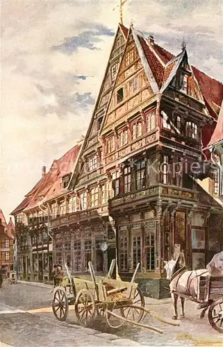 AK / Ansichtskarte Hildesheim Altdeutsches Haus Fachwerkhaeuser Altstadt Pferdekarren Kuenstlerkarte Hildesheim