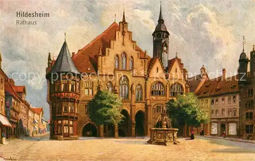 AK / Ansichtskarte Hildesheim Rathaus Brunnen Marktplatz Historische Gebaeude Altstadt Kuenstlerkarte Gemaeldekarte No 4 Hildesheim
