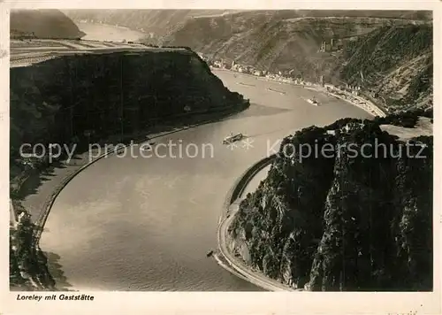 AK / Ansichtskarte Loreley_Lorelei mit Gaststaette Felsen Rhein Fliegeraufnahme Loreley_Lorelei