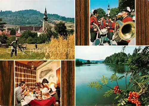 AK / Ansichtskarte Grossschoenau_Waldviertel Kirche Kreuzberg Trachten  und Jugendmusikkapelle Badeteich Engelstein Grossschoenau Waldviertel