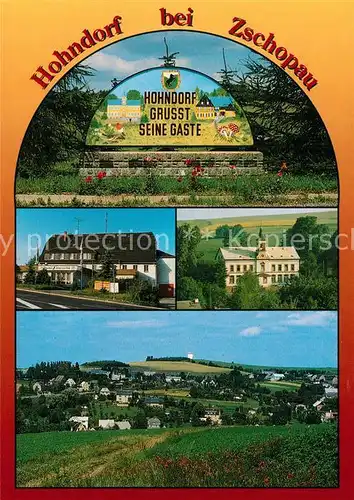AK / Ansichtskarte Hohndorf_Stollberg Sommermotiv des Schwibbogens Gasthof Schwarzes Ross Gemeindeamt Panorama mit Pilzhubel Hohndorf_Stollberg