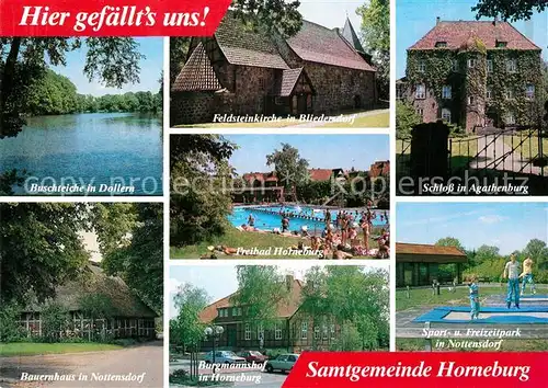 AK / Ansichtskarte Horneburg_Niederelbe Buschteiche Feldsteinkirche Freibad Schloss Agathenburg Bauernhaus Burgmannshof Sport und Freizeitpark Horneburg Niederelbe