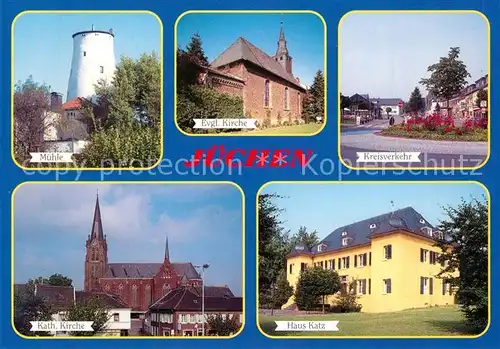 AK / Ansichtskarte Juechen Muehle Ev Kirche Kreisverkehr Kath Kirche Haus Katz Juechen