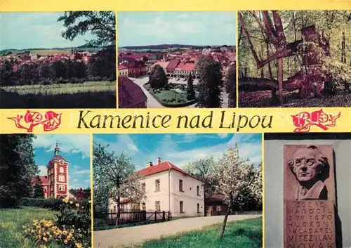 AK / Ansichtskarte Kamenice_nad_Lipou Panorama Namesti Stara lipa Zamek Myslivna Johanka Busta hudebniho skladatele Vitezslava Novaka Kamenice_nad_Lipou