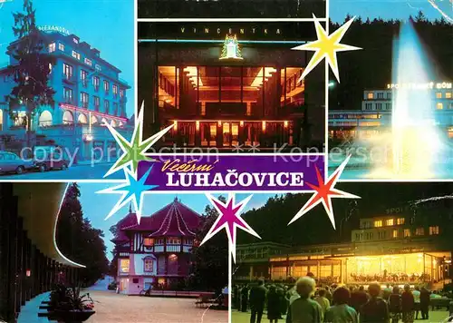 AK / Ansichtskarte Luhacovice Interhotel Alexandria Hala pramene Vincentka Spolecensky dum Kolonada s Jurkovicovym domem Vecerni koncert Luhacovice