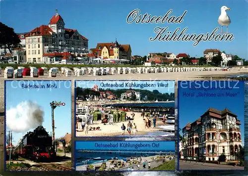 AK / Ansichtskarte Kuehlungsborn_Ostseebad Baederbahn Molli West und Oststrand Hotel Schloss am Meer Kuehlungsborn_Ostseebad