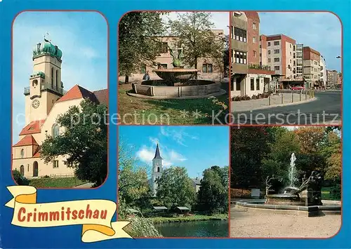 AK / Ansichtskarte Crimmitschau Kirche Brunnen Plattenbauten Innenstadt Park Partie an der Pleisse Crimmitschau