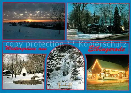 AK / Ansichtskarte Elbingerode_Harz Winterlandschaft Sonnenuntergang Schneiderstube Handarbeitsladen Nachtaufnahme Elbingerode Harz