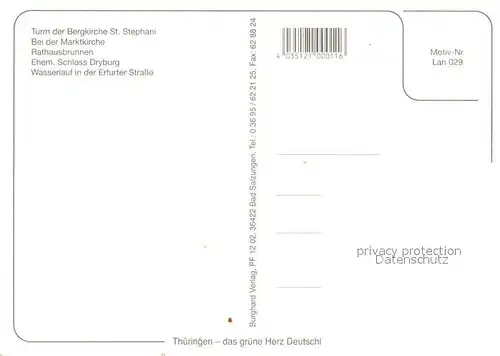 AK / Ansichtskarte Bad_Langensalza Bergkirche Turm Marktkirche Rathaus Brunnen Schloss Dryburg Wasserlauf Erfurter Strasse Bad_Langensalza