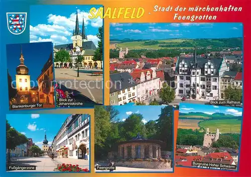 AK / Ansichtskarte Saalfeld_Saale Blankenburger Tor Johanniskirche Fussgaengerzone Feengrotte Burgruine Hoher Schwamm Rathaus Saalfeld_Saale